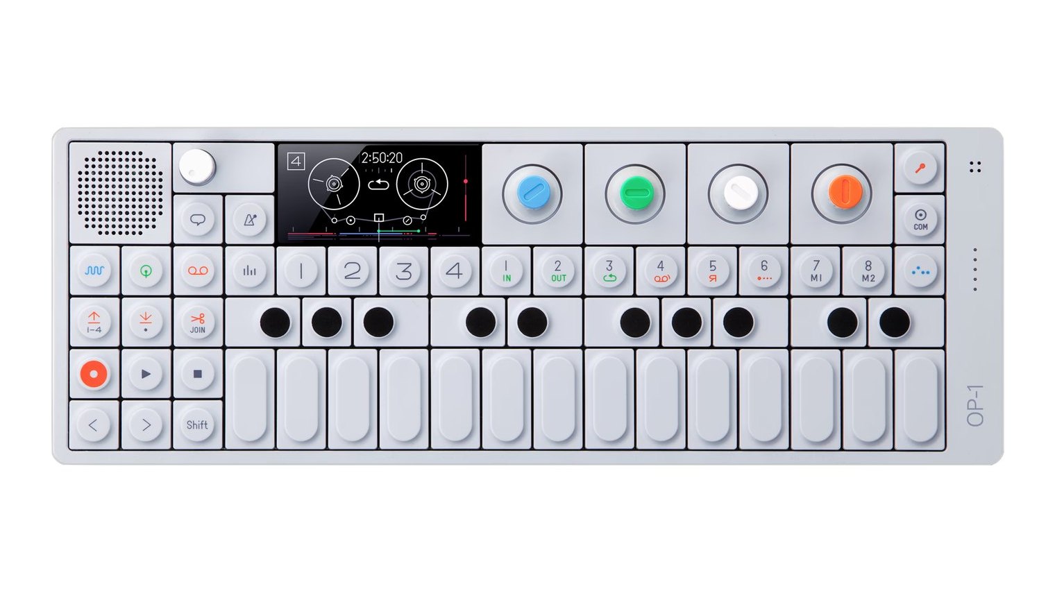 The original Teenage Engineering OP-1 seen from above: a slim pale grey aluminium body with a speaker grille, a small black screen showing a tape reel, four coloured knobs in blue, green, white and orange, rows of round buttons and a two-octave keyboard of flat grey keys.